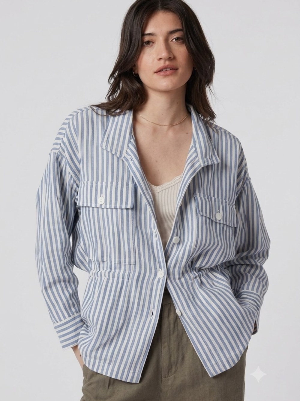 Joie Blue and White Vertical-Stripe Utility Jacket